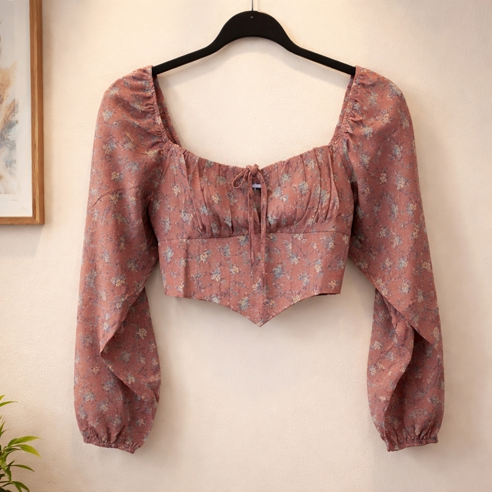 Edit By Nine Floral Pink Cropped Long Sleeve Top - Picture 3 of 15